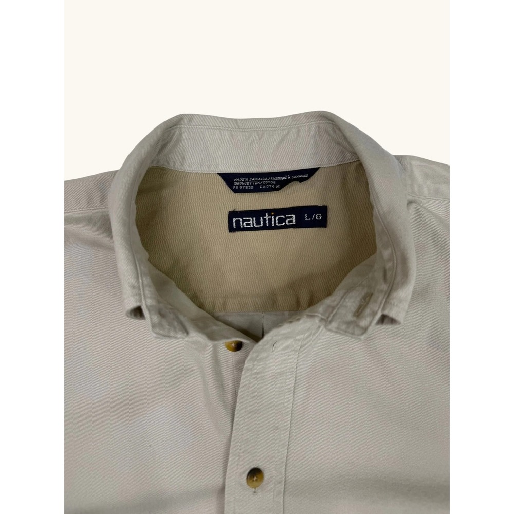 Nautica Mens Large Khaki Tan Cotton Twill Long Sleeve Button Down Shirt Logo L - Picture 2 of 8